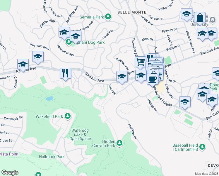 map of restaurants, bars, coffee shops, grocery stores, and more near 2400 Merry Moppet Lane in Belmont