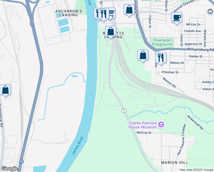 map of restaurants, bars, coffee shops, grocery stores, and more near 8 Old Osborne Turnpike in Henrico