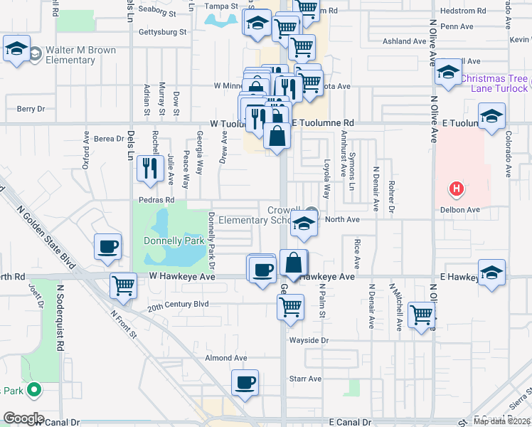 map of restaurants, bars, coffee shops, grocery stores, and more near 1880 Valparaiso Drive in Turlock