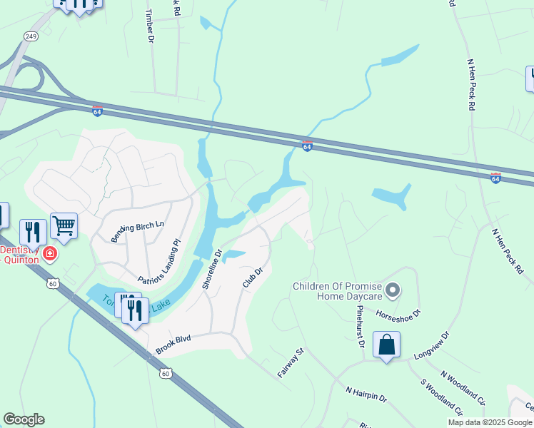 map of restaurants, bars, coffee shops, grocery stores, and more near 7412 Shoreline Drive in Quinton