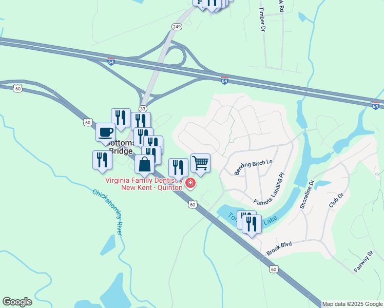 map of restaurants, bars, coffee shops, grocery stores, and more near 7506 South Franklins Way in Quinton