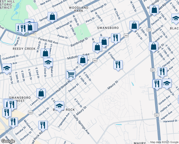 map of restaurants, bars, coffee shops, grocery stores, and more near 2853 Decatur Street in Richmond