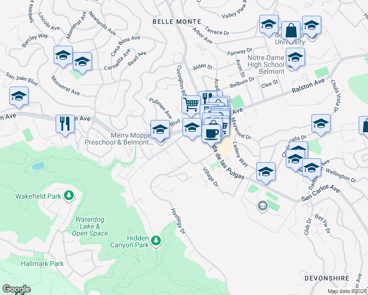map of restaurants, bars, coffee shops, grocery stores, and more near in Belmont
