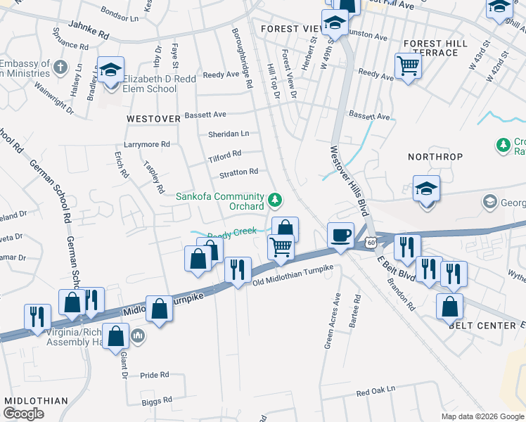 map of restaurants, bars, coffee shops, grocery stores, and more near 300 Covington Road in Richmond