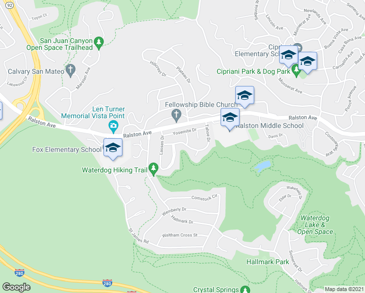 map of restaurants, bars, coffee shops, grocery stores, and more near 1105 Tahoe Drive in Belmont