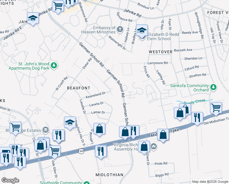 map of restaurants, bars, coffee shops, grocery stores, and more near 405 Labrook Drive in Richmond