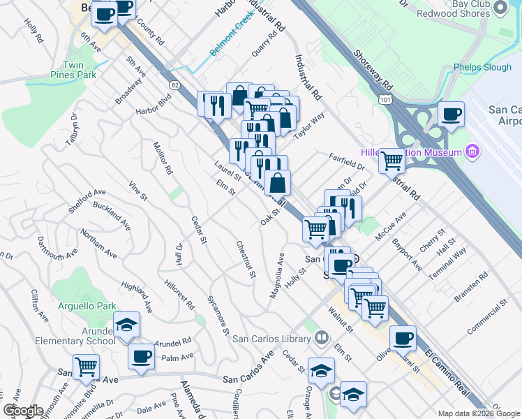 map of restaurants, bars, coffee shops, grocery stores, and more near 222 Laurel Street in San Carlos