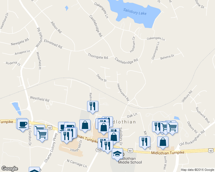 map of restaurants, bars, coffee shops, grocery stores, and more near 1605 Danhurst Drive in Midlothian
