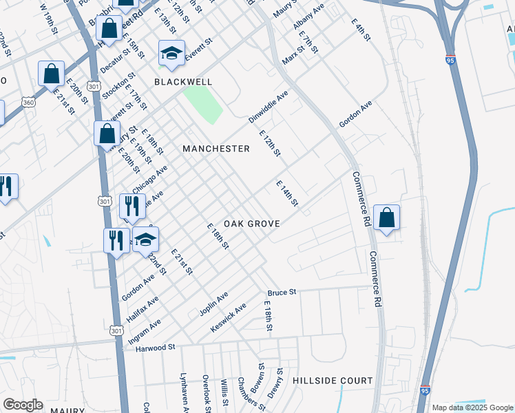 map of restaurants, bars, coffee shops, grocery stores, and more near 1109 East 15th Street in Richmond