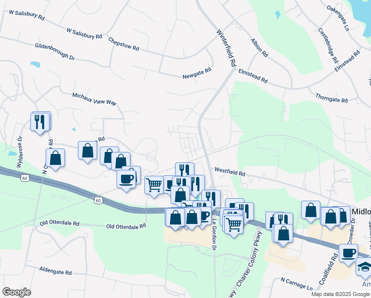 map of restaurants, bars, coffee shops, grocery stores, and more near 1320 Winterfield Road in Midlothian