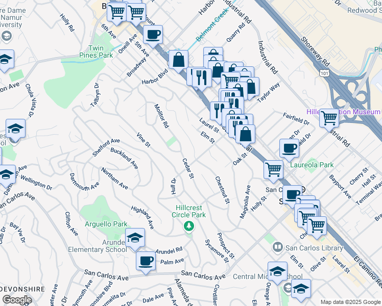 map of restaurants, bars, coffee shops, grocery stores, and more near 82 Chestnut Street in San Carlos