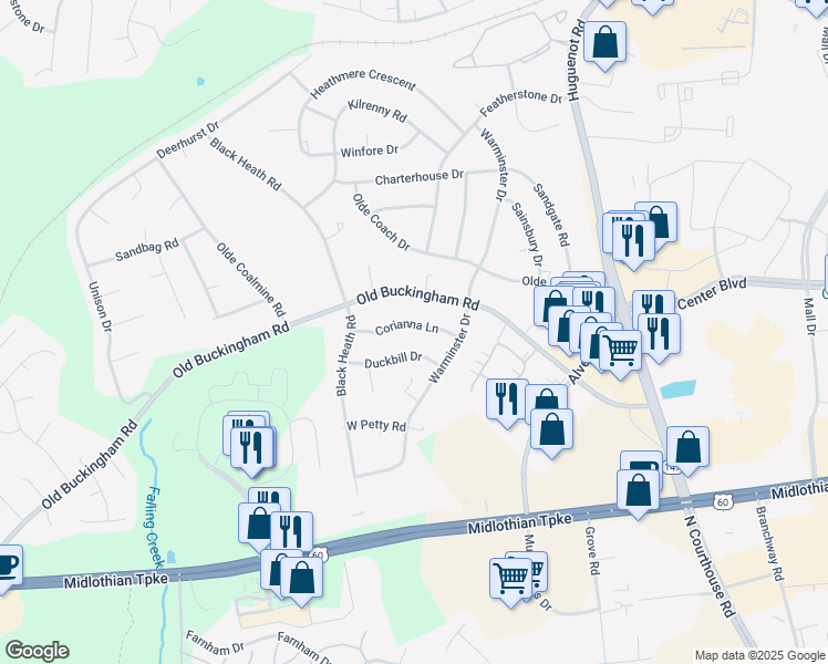 map of restaurants, bars, coffee shops, grocery stores, and more near 11945 Corianna Lane in Midlothian