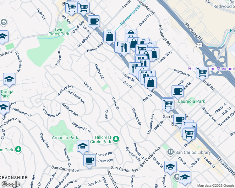 map of restaurants, bars, coffee shops, grocery stores, and more near 82 Chestnut Street in San Carlos