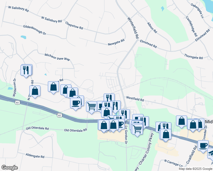 map of restaurants, bars, coffee shops, grocery stores, and more near 14379 Michaux Village Drive in Midlothian