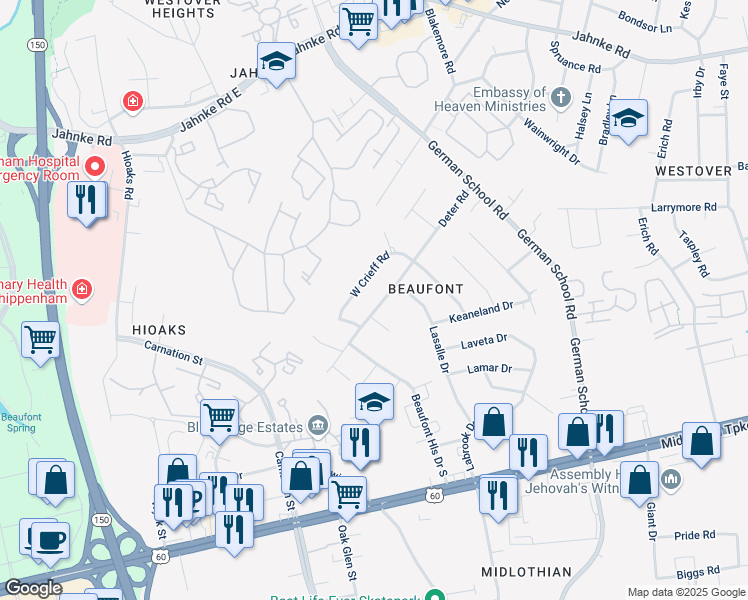 map of restaurants, bars, coffee shops, grocery stores, and more near 508 Deter Road in Richmond