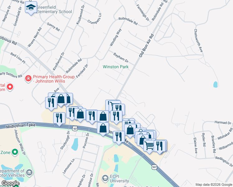 map of restaurants, bars, coffee shops, grocery stores, and more near 1142 Old Bon Air Road in Richmond