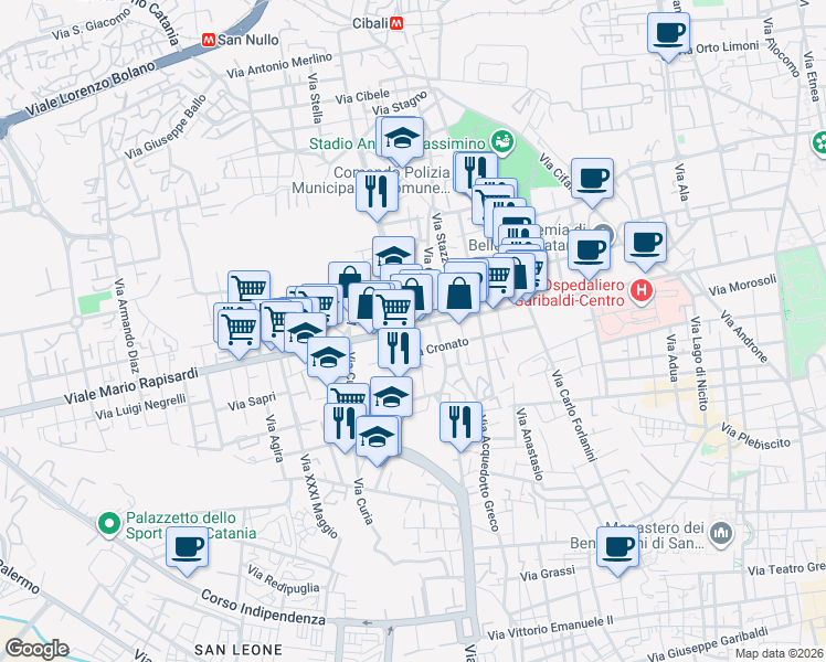 map of restaurants, bars, coffee shops, grocery stores, and more near 14 Via Ammiraglio Caracciolo in Catania