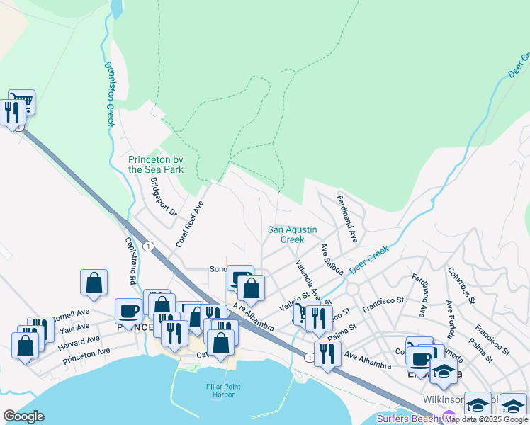 map of restaurants, bars, coffee shops, grocery stores, and more near 354 Avenue Granada in Half Moon Bay