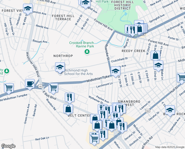 map of restaurants, bars, coffee shops, grocery stores, and more near 9 Weaver Court in Richmond