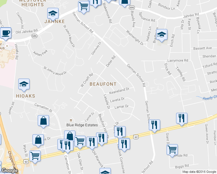 map of restaurants, bars, coffee shops, grocery stores, and more near 522 Crieff Road in Richmond
