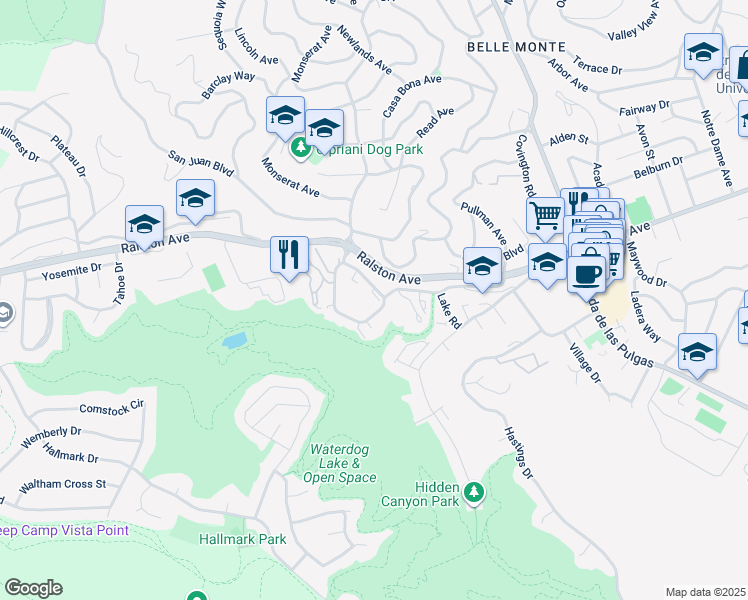 map of restaurants, bars, coffee shops, grocery stores, and more near 1101 Continentals Way in Belmont