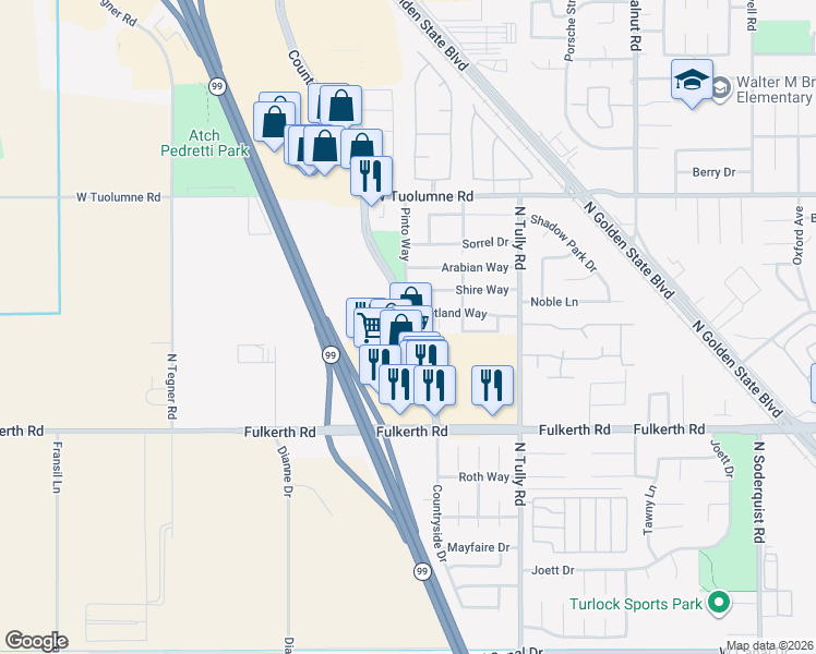 map of restaurants, bars, coffee shops, grocery stores, and more near 1909 Cali Lin Court in Turlock