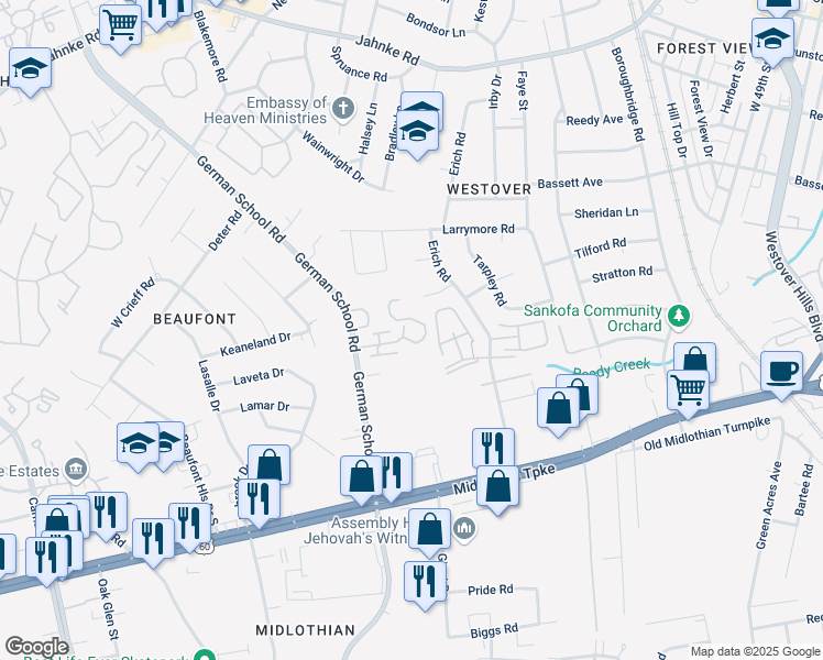 map of restaurants, bars, coffee shops, grocery stores, and more near 5782 Westover Village Drive in Richmond