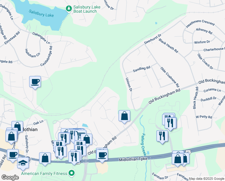 map of restaurants, bars, coffee shops, grocery stores, and more near 1537 Oldbury Road in Midlothian