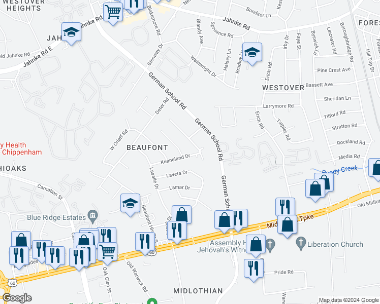 map of restaurants, bars, coffee shops, grocery stores, and more near 6012 Keaneland Drive in Richmond