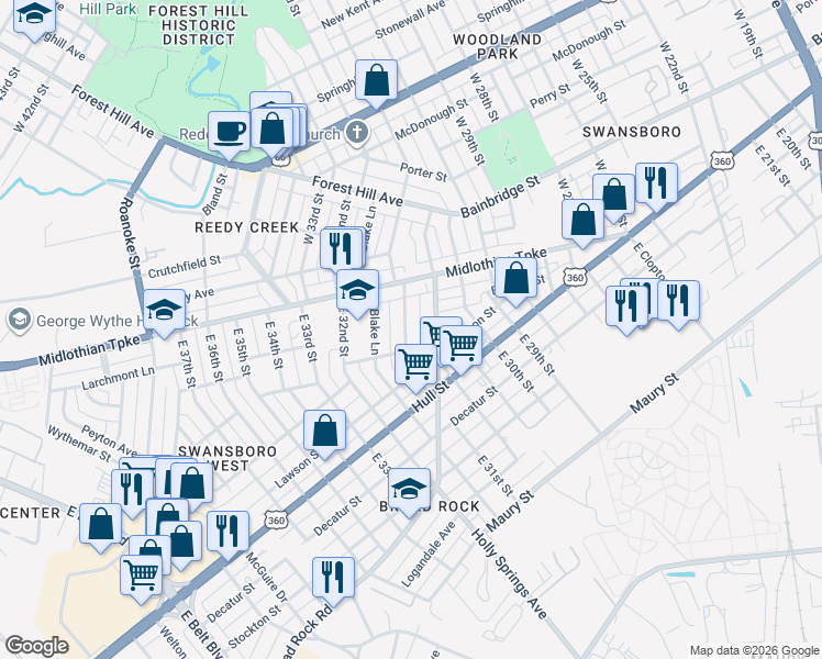 map of restaurants, bars, coffee shops, grocery stores, and more near 31 East 31st Street in Richmond