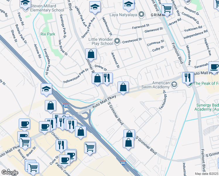 map of restaurants, bars, coffee shops, grocery stores, and more near 27 Eagle Green in Fremont