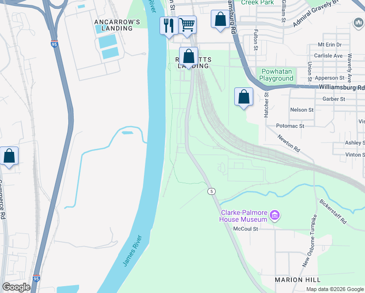 map of restaurants, bars, coffee shops, grocery stores, and more near 8 Old Osborne Turnpike in Henrico