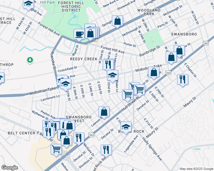 map of restaurants, bars, coffee shops, grocery stores, and more near 18 East 32nd Street in Richmond