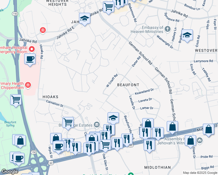 map of restaurants, bars, coffee shops, grocery stores, and more near 508 Deter Road in Richmond