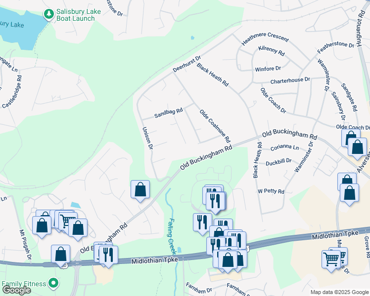map of restaurants, bars, coffee shops, grocery stores, and more near 1400 Sandbag Terrace in Midlothian