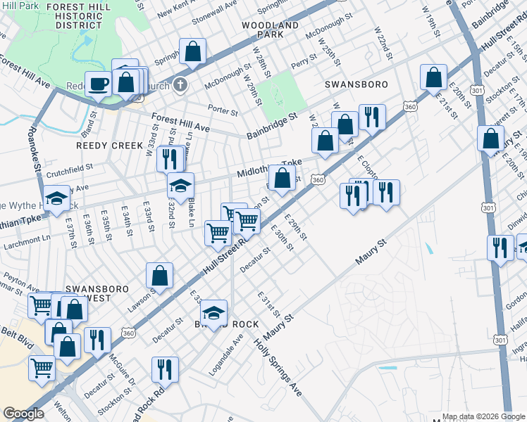 map of restaurants, bars, coffee shops, grocery stores, and more near 205 East 30th Street in Richmond