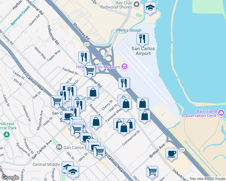 map of restaurants, bars, coffee shops, grocery stores, and more near 625 Industrial Road in San Carlos