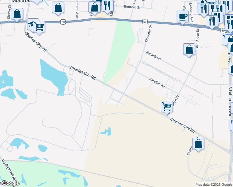 map of restaurants, bars, coffee shops, grocery stores, and more near 2211 Charles City Road in Richmond