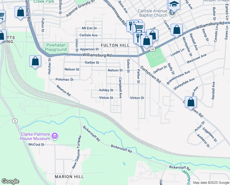 map of restaurants, bars, coffee shops, grocery stores, and more near 1411 Ashley St in Richmond