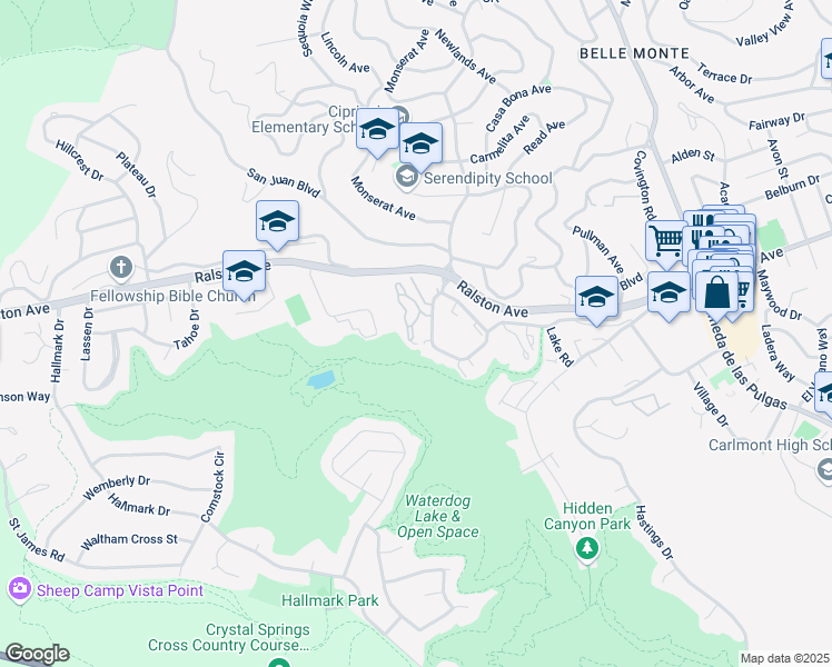 map of restaurants, bars, coffee shops, grocery stores, and more near 3 Arroyo View Circle in Belmont