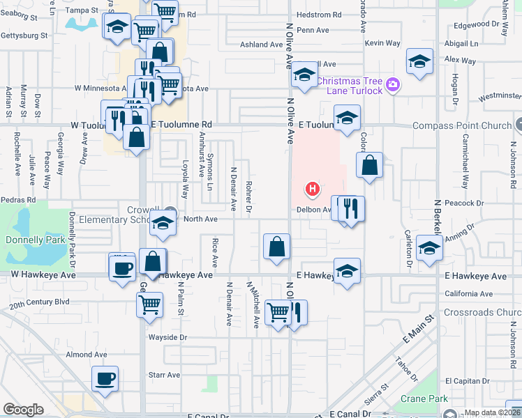 map of restaurants, bars, coffee shops, grocery stores, and more near 570 Kirkland Court in Turlock