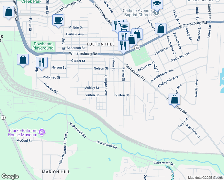 map of restaurants, bars, coffee shops, grocery stores, and more near 5405 Salem Street in Richmond