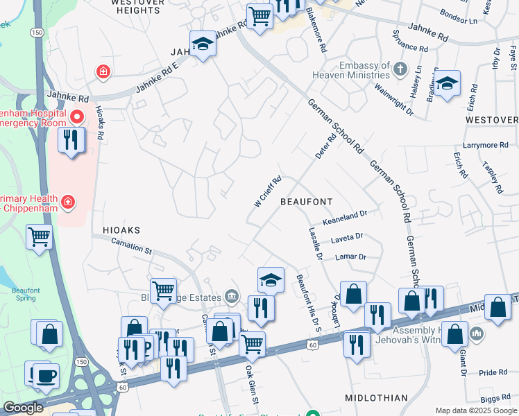 map of restaurants, bars, coffee shops, grocery stores, and more near 517 West Crieff Road in Richmond