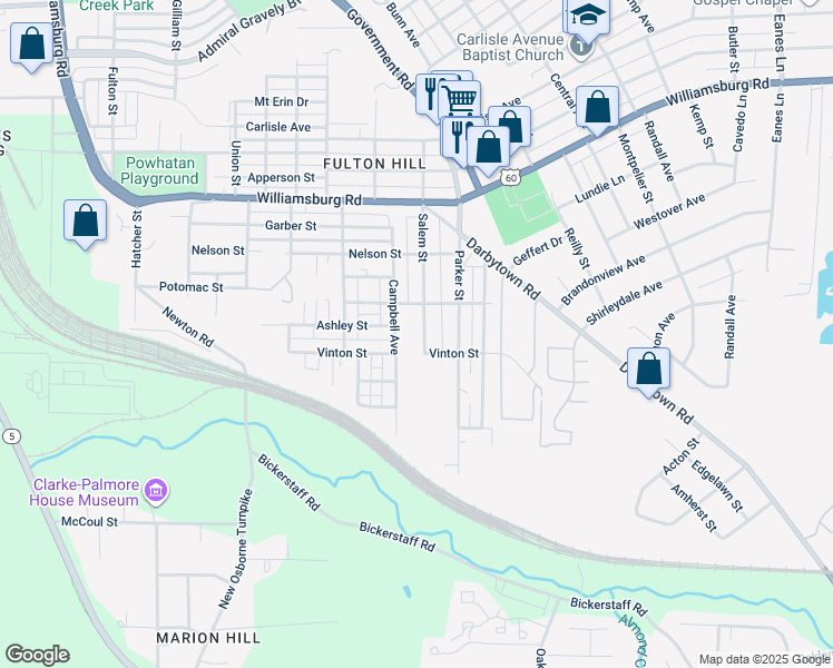 map of restaurants, bars, coffee shops, grocery stores, and more near 5405 Salem Street in Richmond