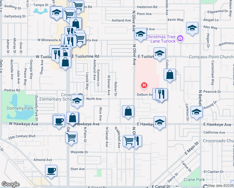 map of restaurants, bars, coffee shops, grocery stores, and more near 570 Kirkland Court in Turlock