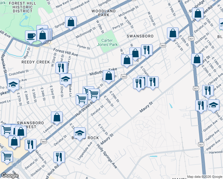 map of restaurants, bars, coffee shops, grocery stores, and more near 2864 Hull Street in Richmond