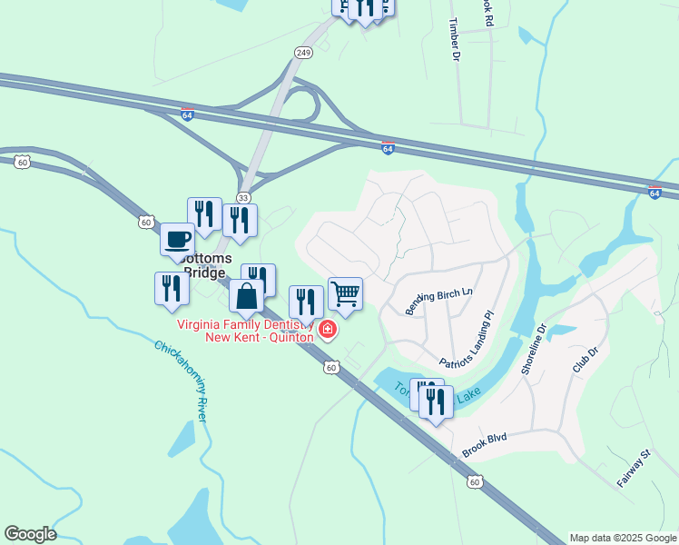 map of restaurants, bars, coffee shops, grocery stores, and more near 7501 South Franklins Way in Quinton