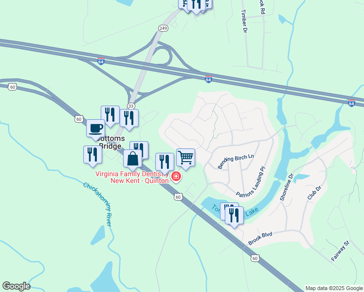 map of restaurants, bars, coffee shops, grocery stores, and more near 7501 South Franklins Way in Quinton