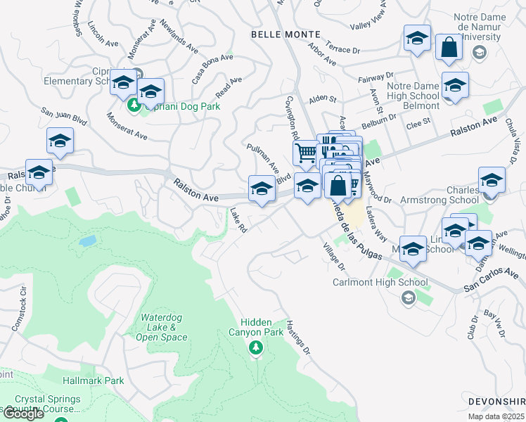 map of restaurants, bars, coffee shops, grocery stores, and more near 2200 Carlmont Drive in Belmont