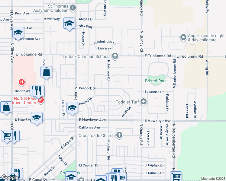 map of restaurants, bars, coffee shops, grocery stores, and more near 1881 Smith Drive in Turlock